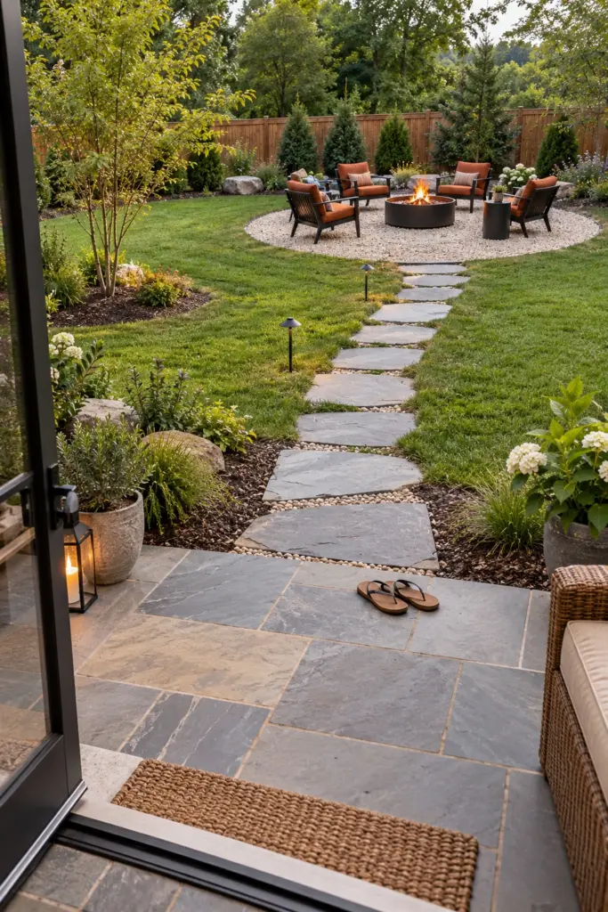 Flagstone path leading from a patio to a separate gravel fire pit circle