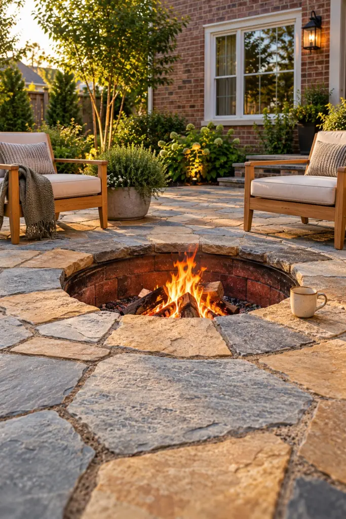 Flagstone rimmed shallow fire pit sunk into a flat patio with fire brick lining