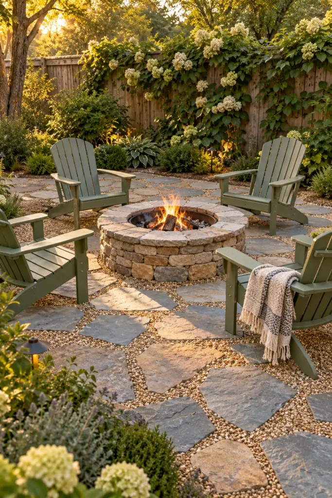 Flagstone fire pit area with pea gravel joints and green Adirondack chairs