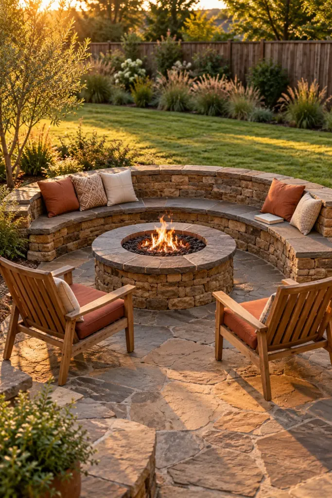 Curved flagstone seat wall around half of a stone fire pit with teak chairs on the open side
