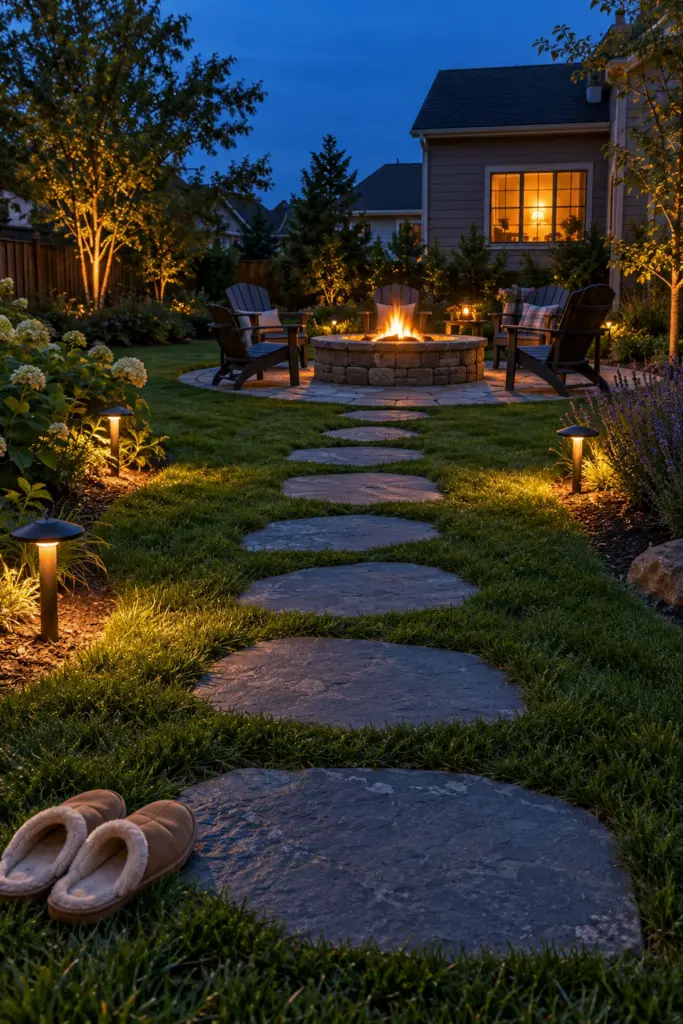 Flagstone stepping stone path across a lawn leading to a stone fire pit circle