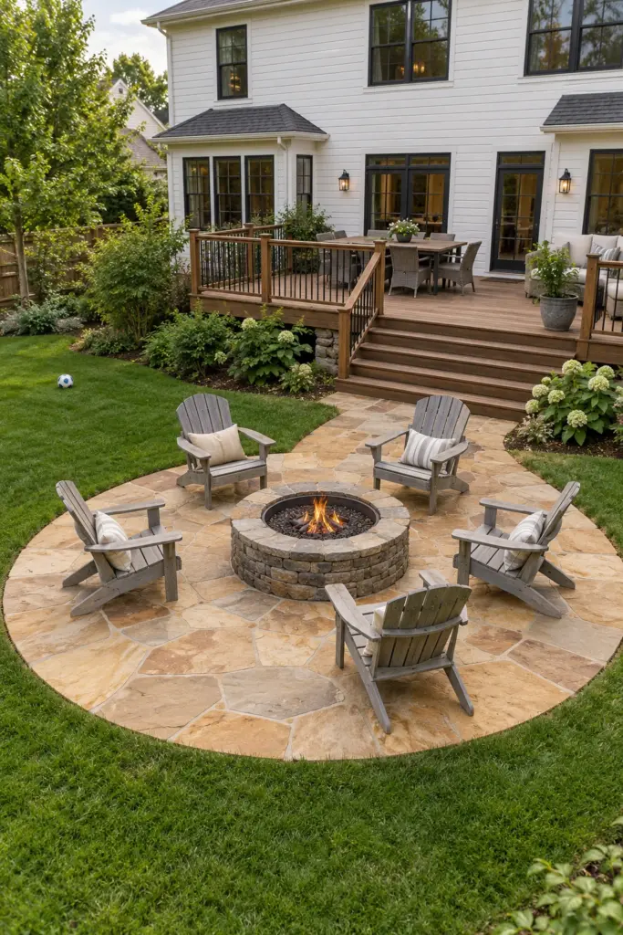 Round flagstone patio circle around a natural stone fire pit with six grey chairs