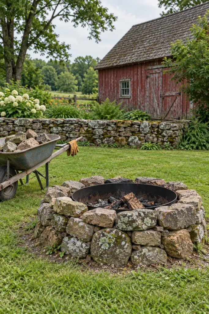 Fire pit made of mismatched fieldstones collected from the yard, with an old stone wall behind