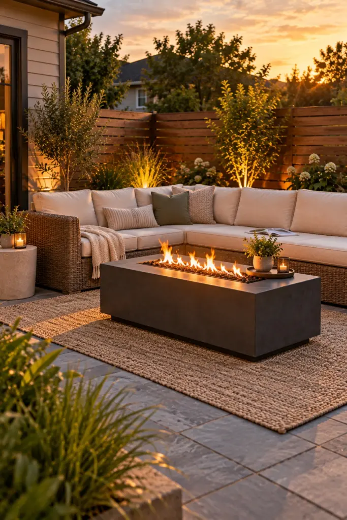 Rectangular gas fire table in front of a small L-shaped outdoor sectional