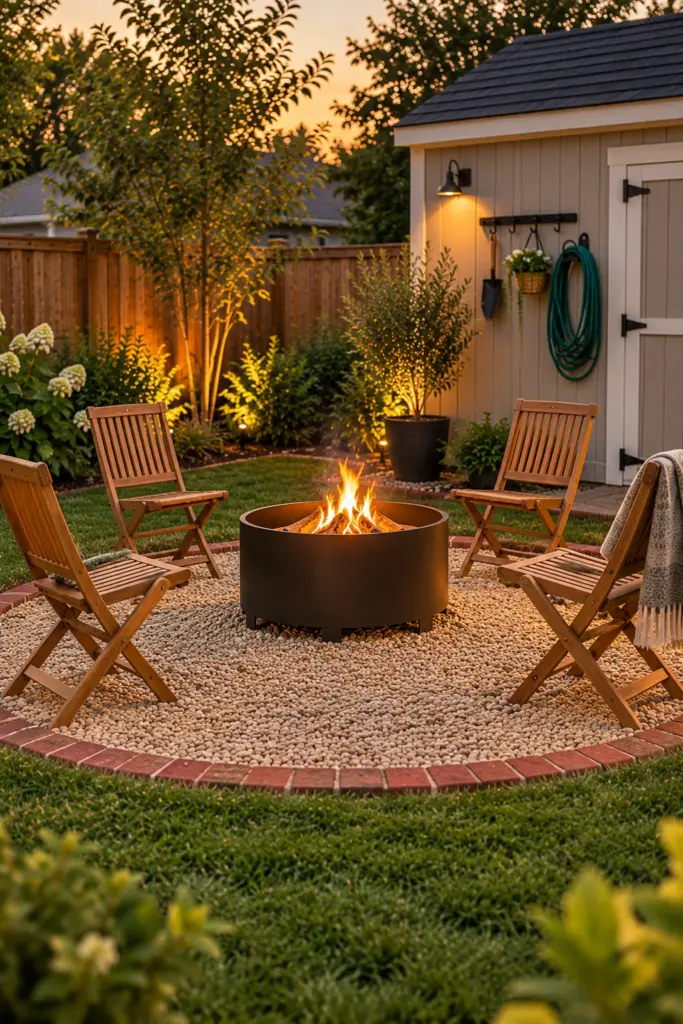 Pea gravel circle with brick edging, a fire pit and folding teak chairs