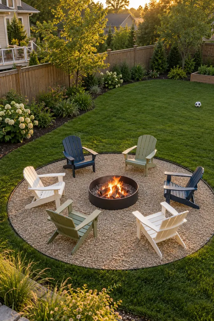 Six Adirondack chairs around a fire ring on a pea gravel circle in a backyard