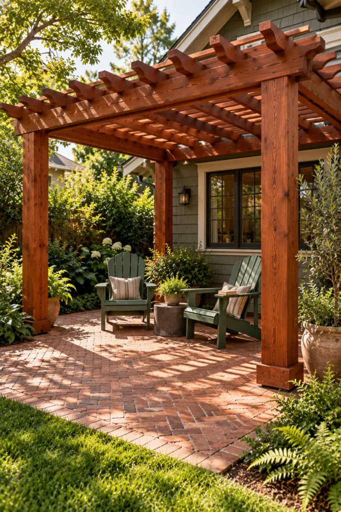 Heart redwood pergola over a herringbone brick patio with two green Adirondack chairs