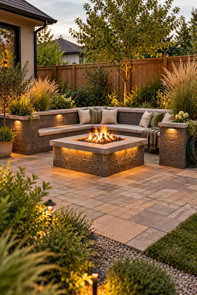 L-shaped seat wall with grass planters at each end in front of a fire pit