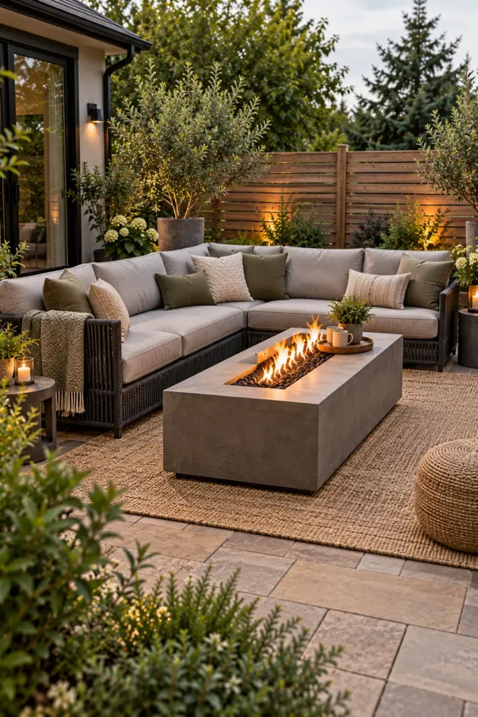 L-shaped outdoor sectional facing a rectangular gas fire table