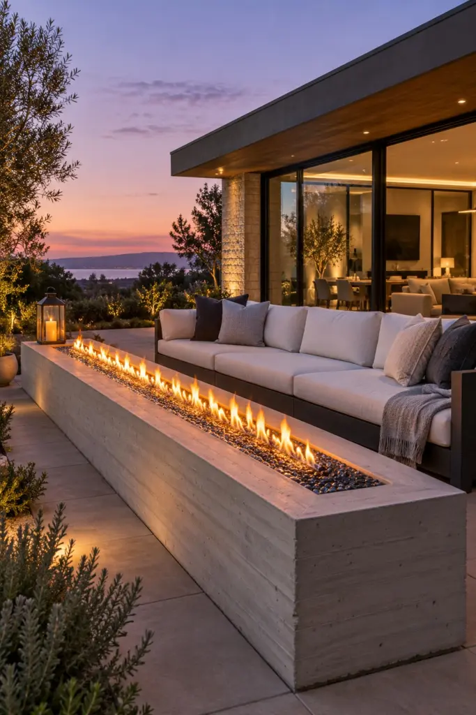 Long linear concrete fire trough with a line of flame in front of an outdoor sofa