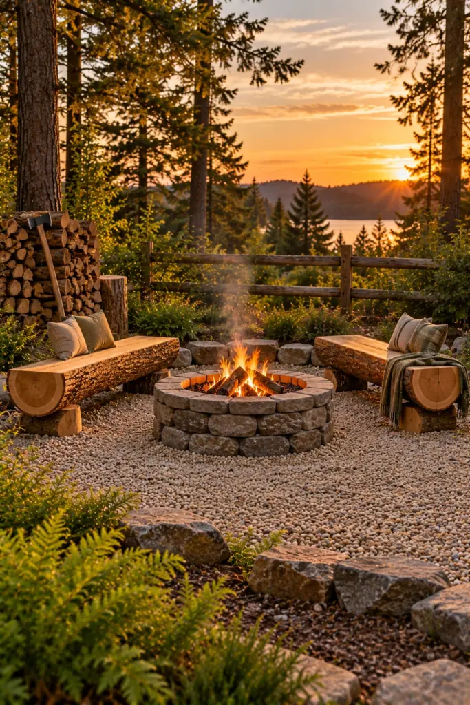Two halved log benches facing across a stone fire ring