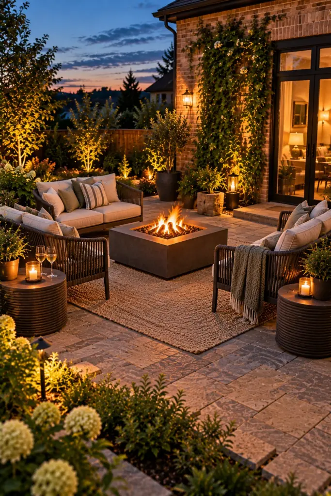 Two outdoor loveseats facing each other across a square fire pit