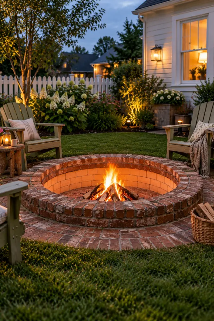 Reclaimed brick rim around a shallow sunken fire pit with fire brick inner wall