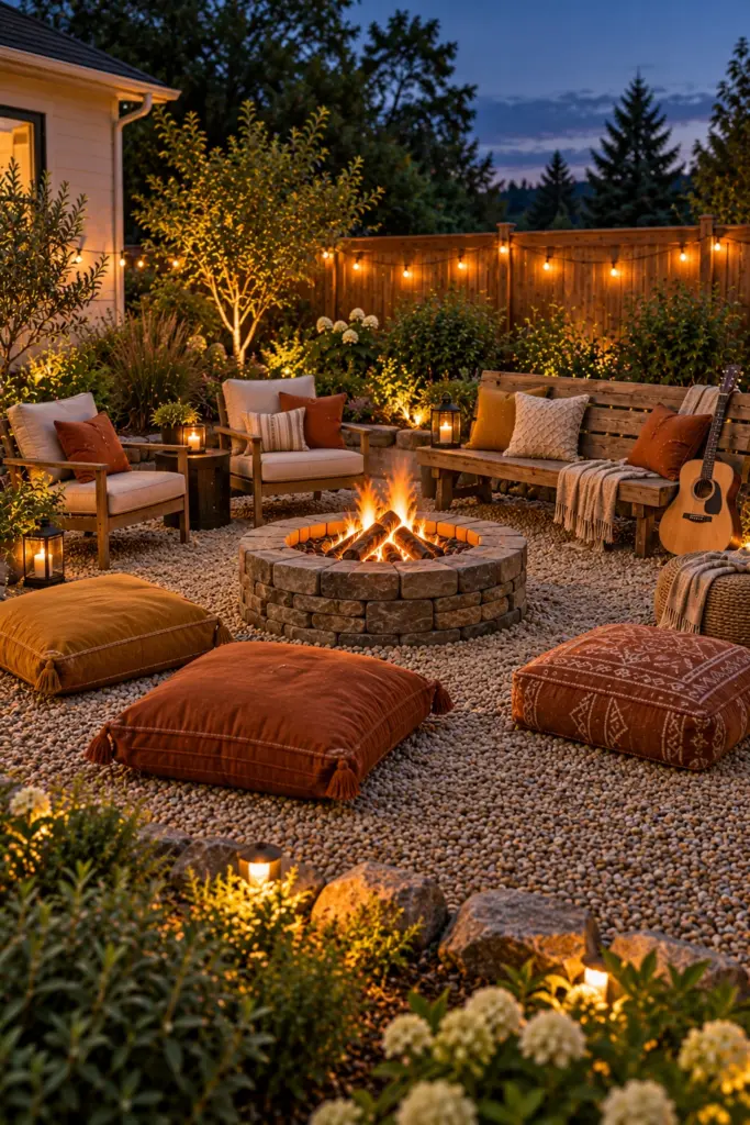 Chairs, a bench and floor cushions mixed around a fire pit