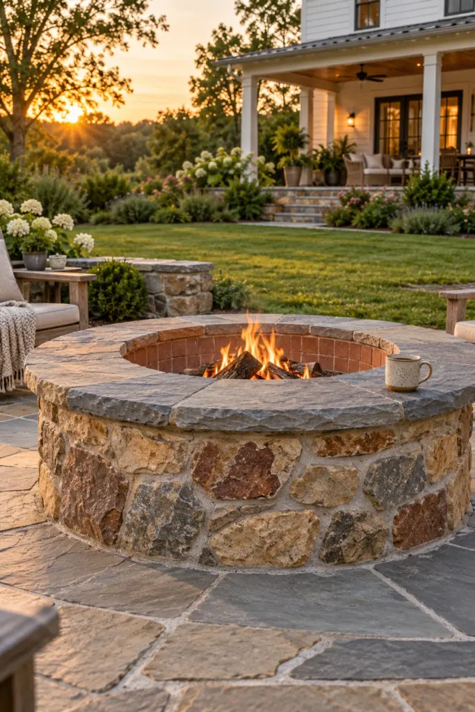 Mortared fieldstone fire pit with a wide flagstone cap and fire brick lining