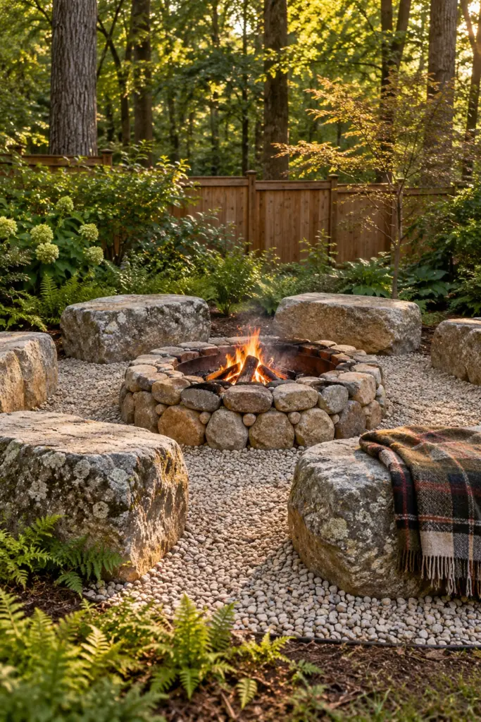 Fieldstone fire pit surrounded by flat-topped boulders used as seats in a gravel circle
