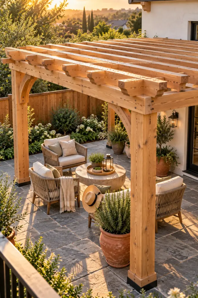 Natural pale wooden pergola with a clear sealer over gray flagstone with rope chairs and rosemary