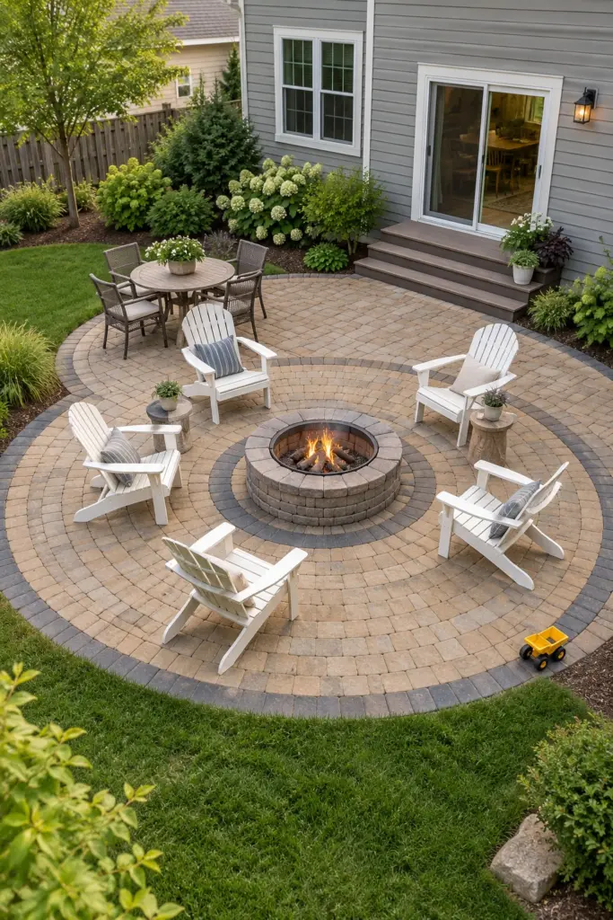 Round paver patio with a built-in round fire pit and a darker border band