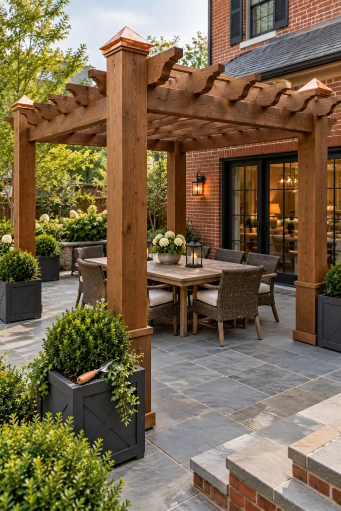 Pyramid copper post caps on a mid-brown stained pergola over a bluestone patio with boxwood