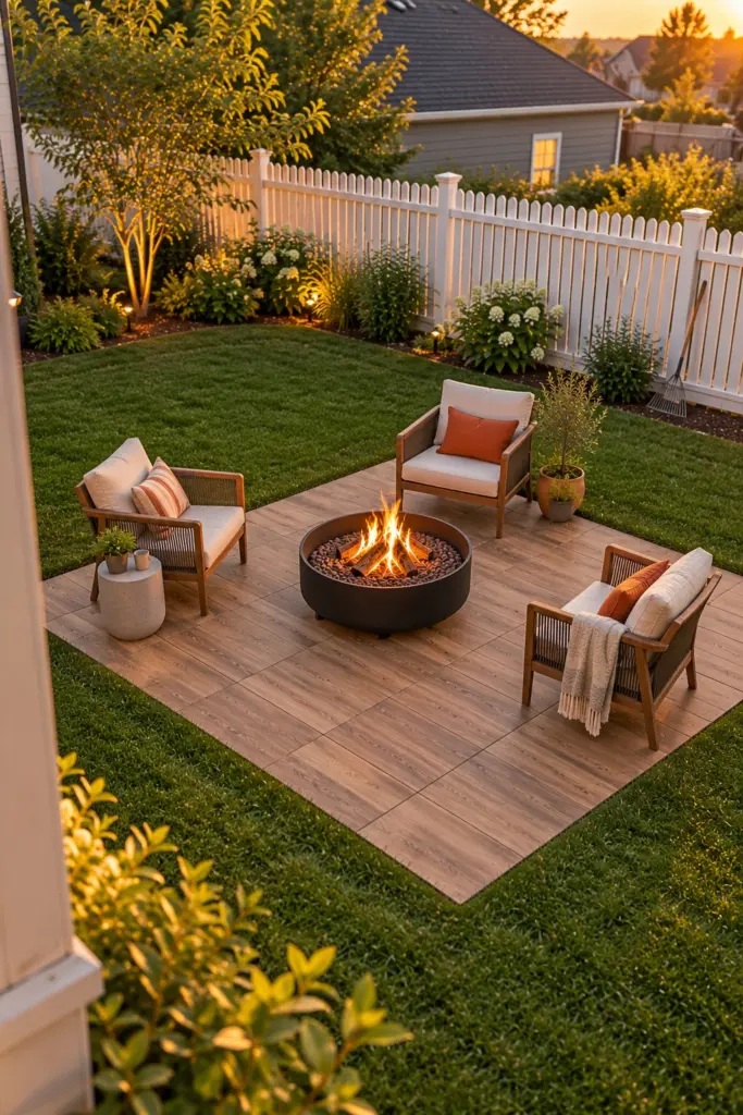 Wood-look porcelain paver island set flush in a lawn with a steel fire bowl