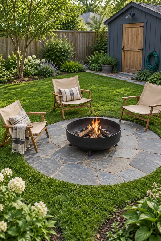 Portable fire pit on a flagstone pad set flush into a backyard lawn
