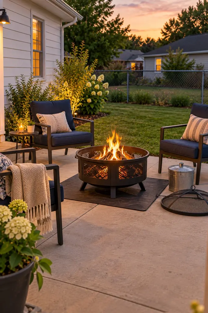 Portable fire pit on a heat-safe mat over a concrete patio