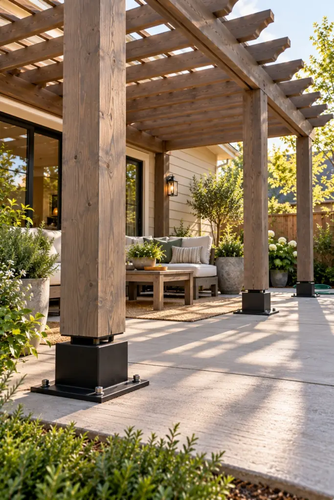 Pressure-treated pergola posts on raised black standoff post bases bolted to a concrete patio