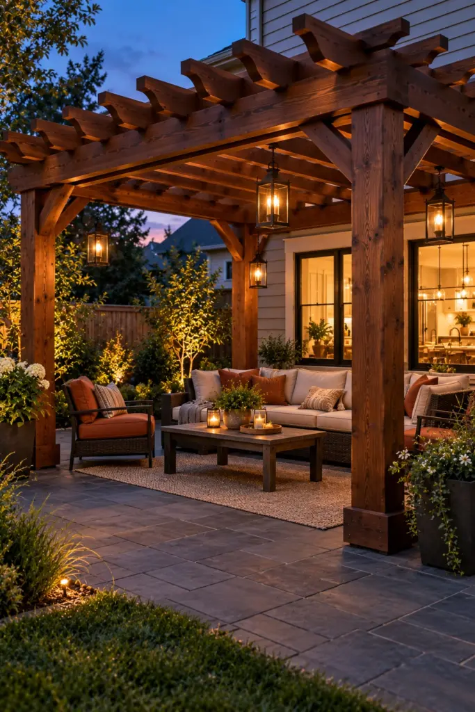 Dark walnut stained wooden pergola with glowing black lanterns over charcoal pavers at dusk