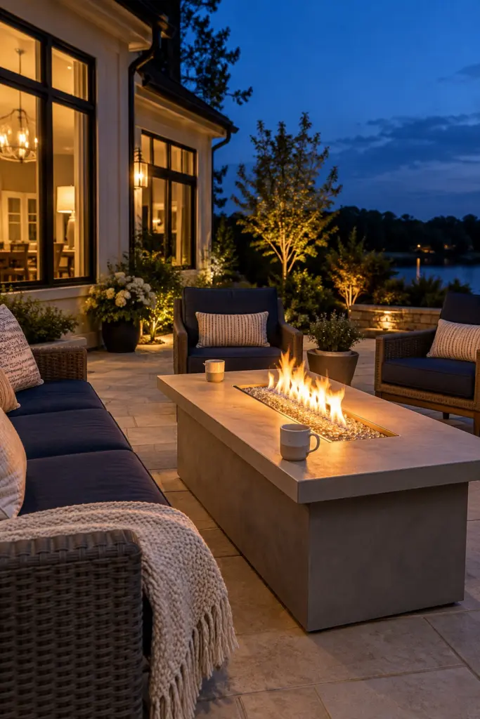 Propane fire table in front of an outdoor sofa set on a stone patio at dusk