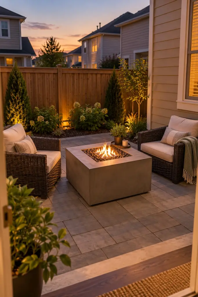 Square propane fire table between two lounge chairs on a small paver patio