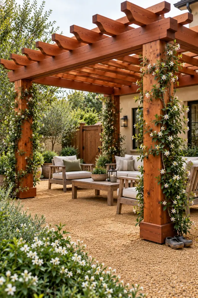 Redwood pergola with clear upper beams and knotty posts covered in climbing star jasmine