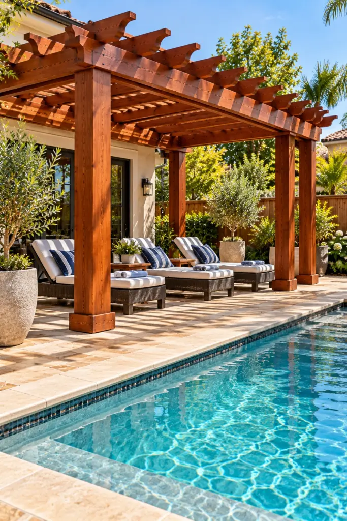 Sealed redwood pergola beside a backyard pool on travertine with navy striped lounge chairs