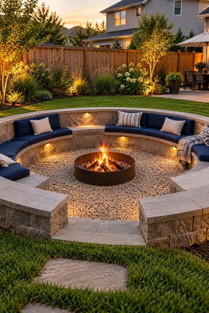 Sunken seating circle with retaining block wall forming bench seats around a fire pit
