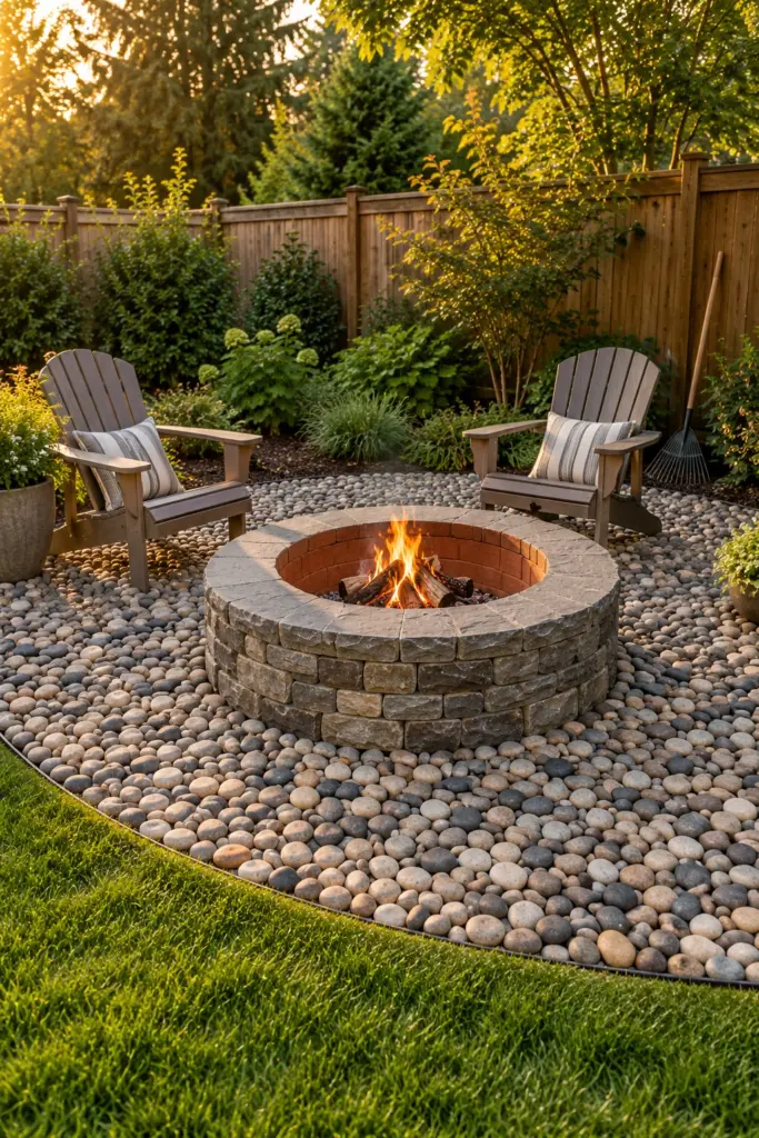 Stone fire pit with a fire brick lining and a wide river rock border outside the fire