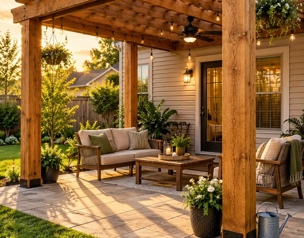 Rough-sawn wooden pergola with honey oil stain over a paver patio in golden hour light