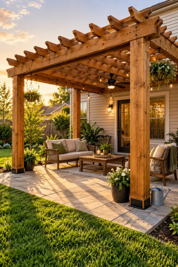 Rough-sawn wooden pergola with honey oil stain over a paver patio in golden hour light