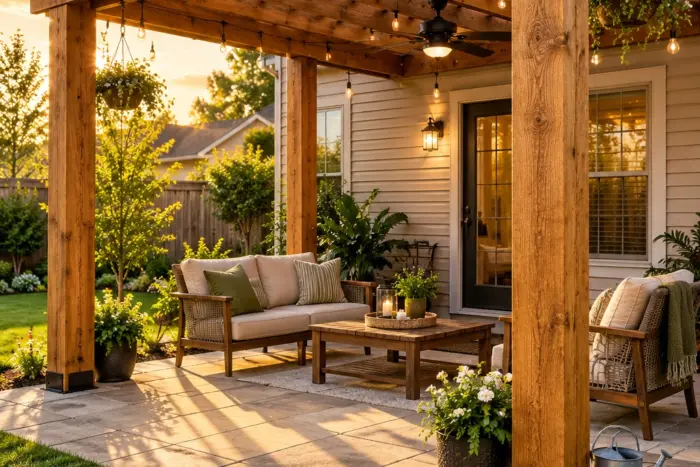 Rough-sawn wooden pergola with honey oil stain over a paver patio in golden hour light