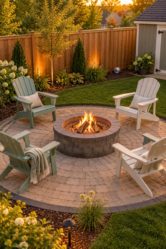 Round paver patio with a block fire ring and four Adirondack chairs