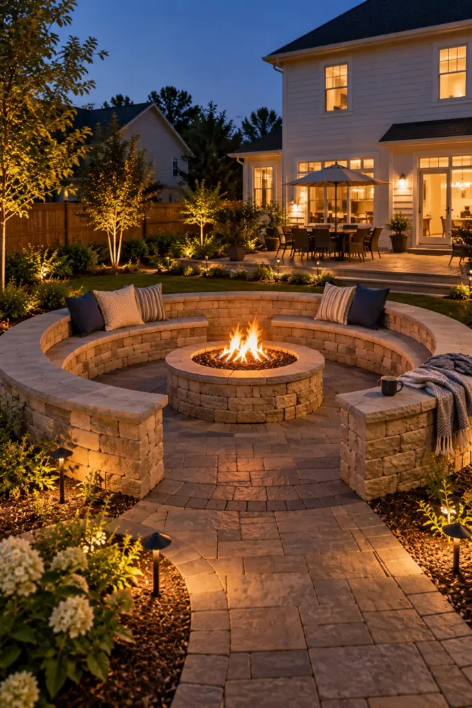 Round stone seat wall with a gap for the path around a fire pit