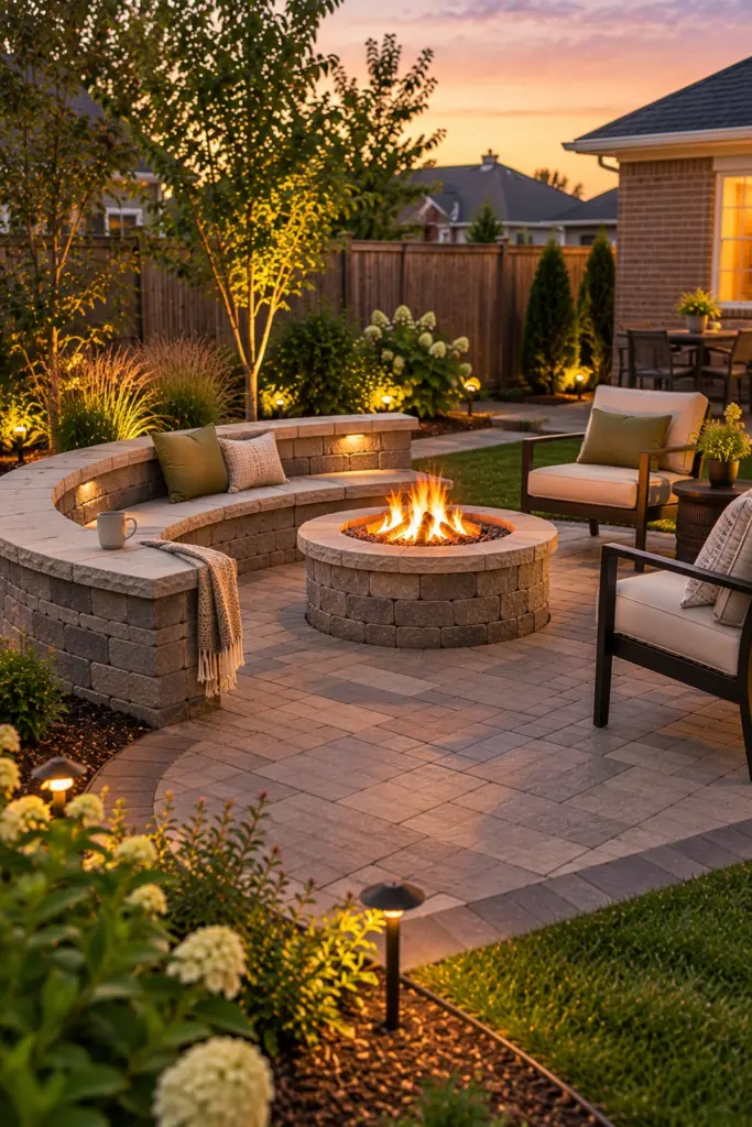 Short curved seat wall on one side of a stone fire ring with two chairs