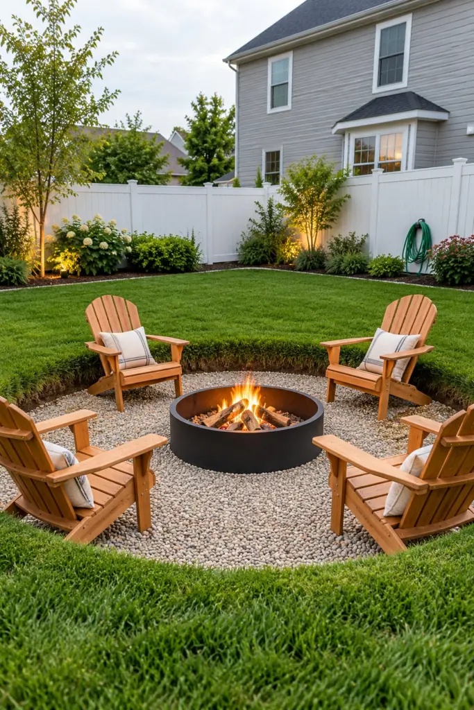Shallow gravel dish fire pit set into a lawn with a steel fire ring and cedar Adirondack chairs