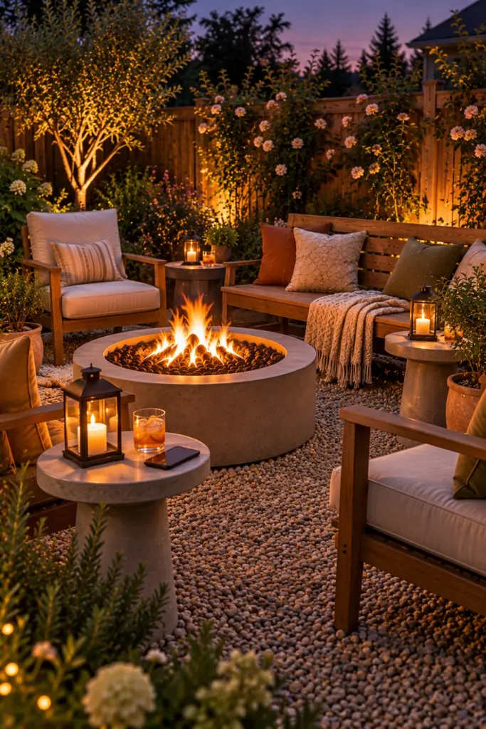 Small side tables tucked between seats around a fire pit at dusk