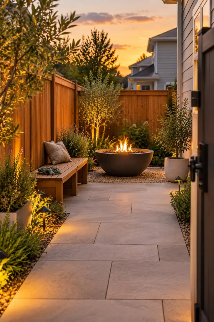 Gas fire bowl with a single bench at the wide end of a side yard