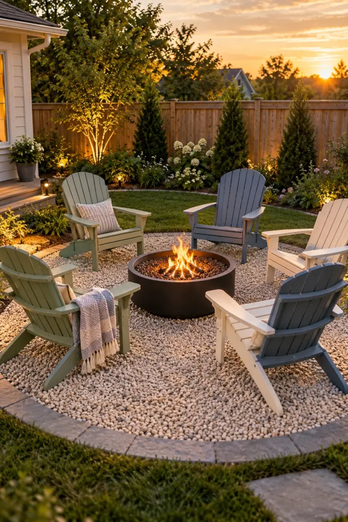 Six Adirondack chairs arranged in a full circle around a round fire pit