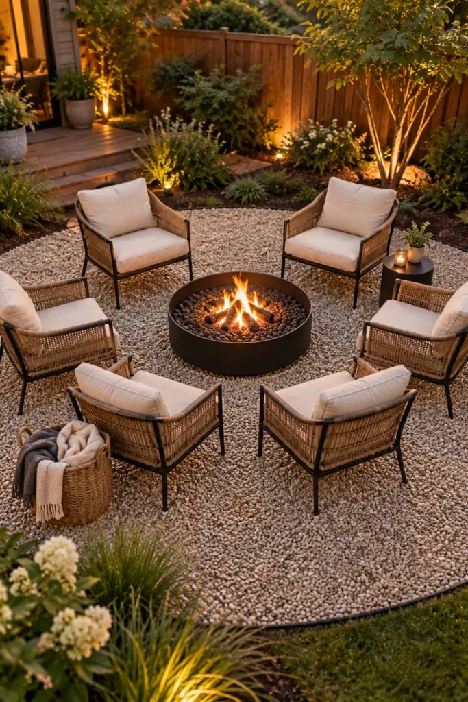 Six chairs in a full circle around a black steel fire pit on gravel