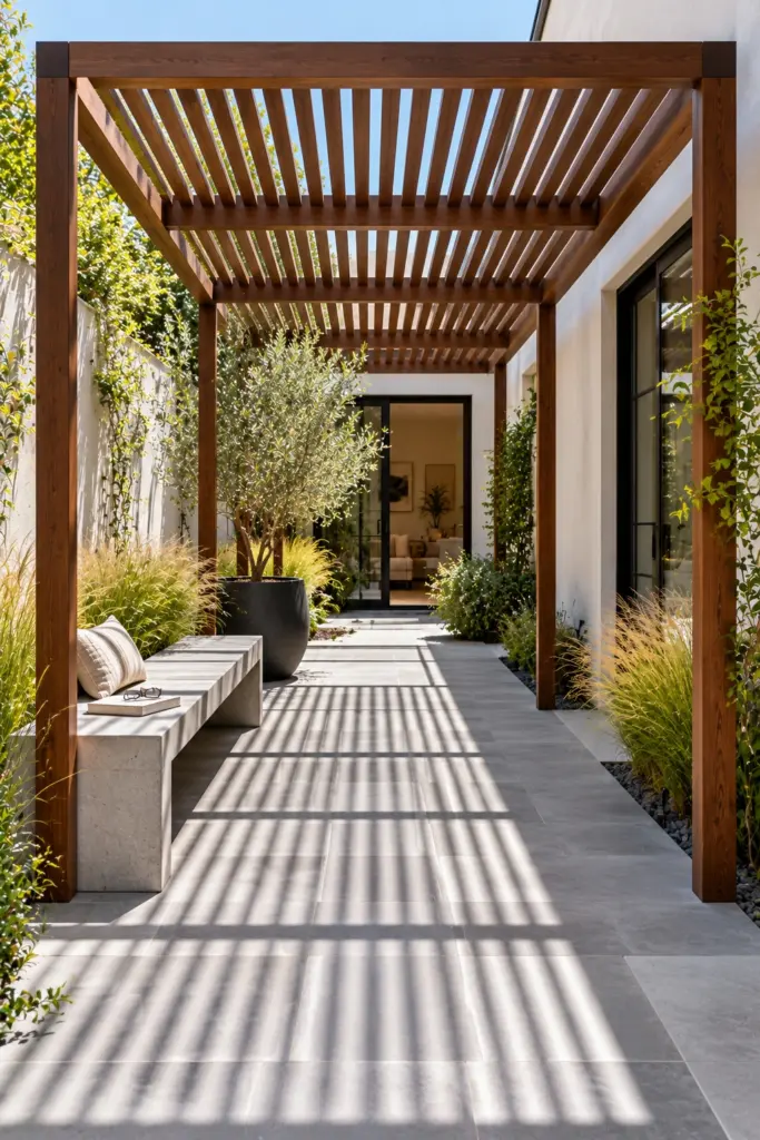 Slim ipe hardwood pergola with tight battens casting striped shadows in a modern courtyard