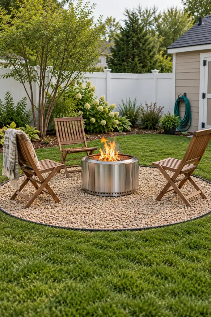 Stainless smokeless fire pit on a round pea gravel pad with steel edging in a lawn