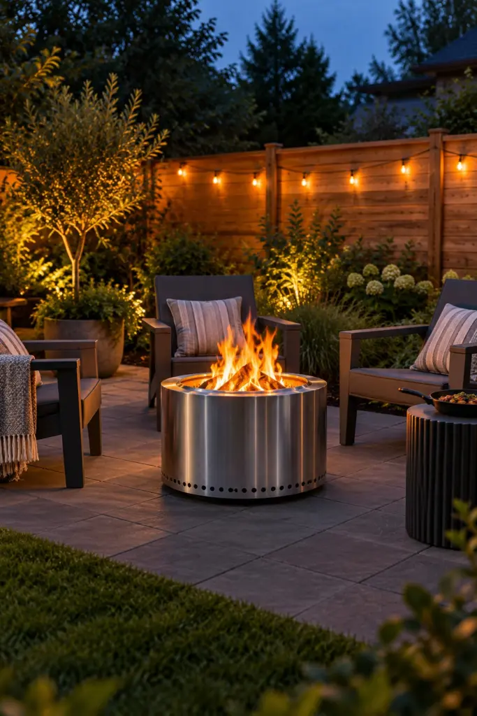 Double-wall stainless steel fire pit on a paver pad with three chairs at dusk