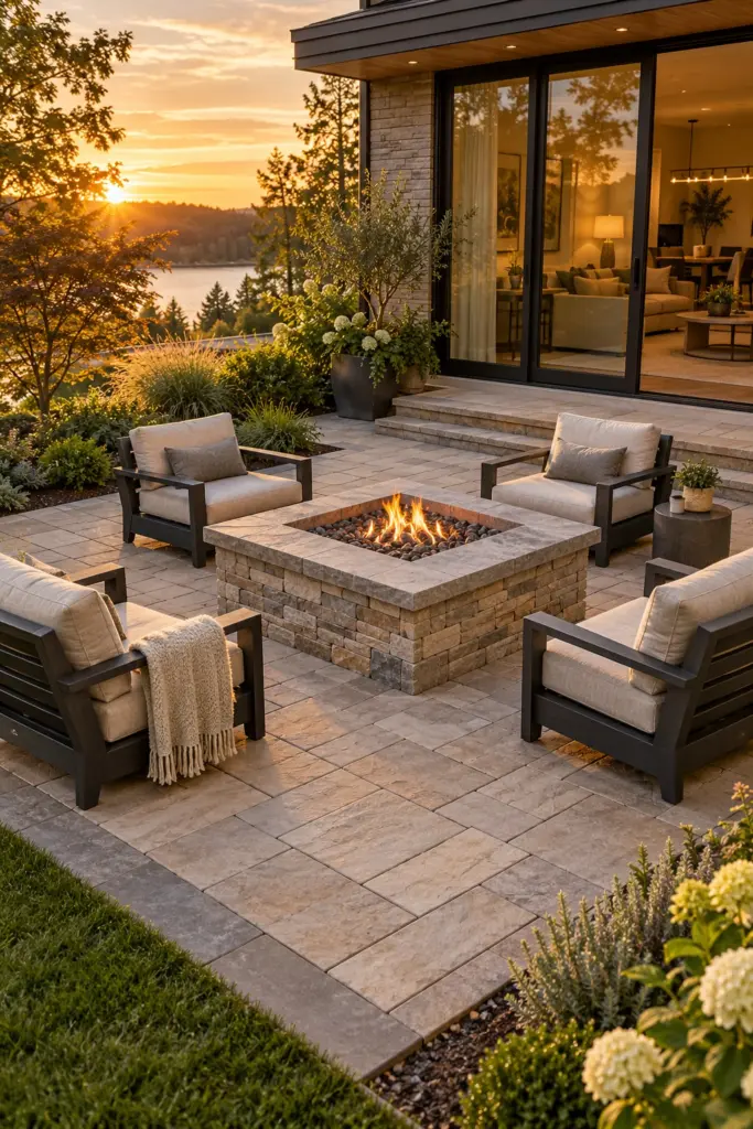Square natural stone fire pit with thick caps and four lounge chairs on a paver patio