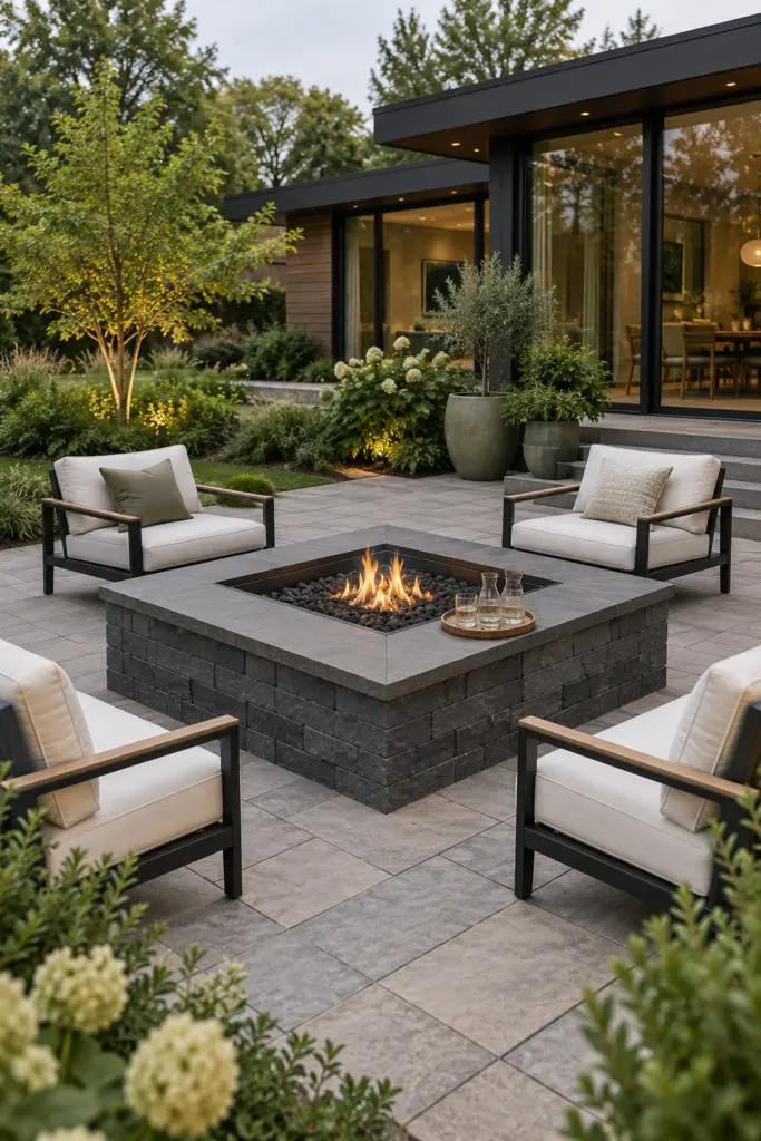 Square fire pit built from charcoal paver blocks on a square patio with four chairs